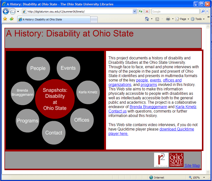 screenshot of webpage titled 'a history: disability at ohio state' located at http://digitalunion.osu.edu/r2/summer06/kmetz/index.html
