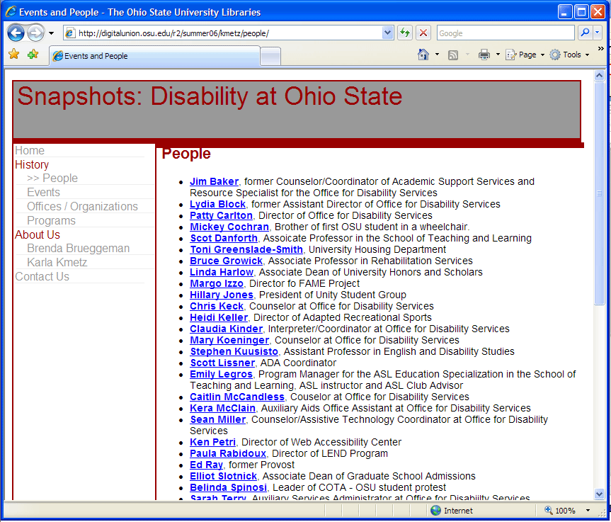 screenshot of the people and contacts page for the website titled 'a history: disability at ohio state' located at http://digitalunion.osu.edu/r2/summer06/kmetz/people/index.html