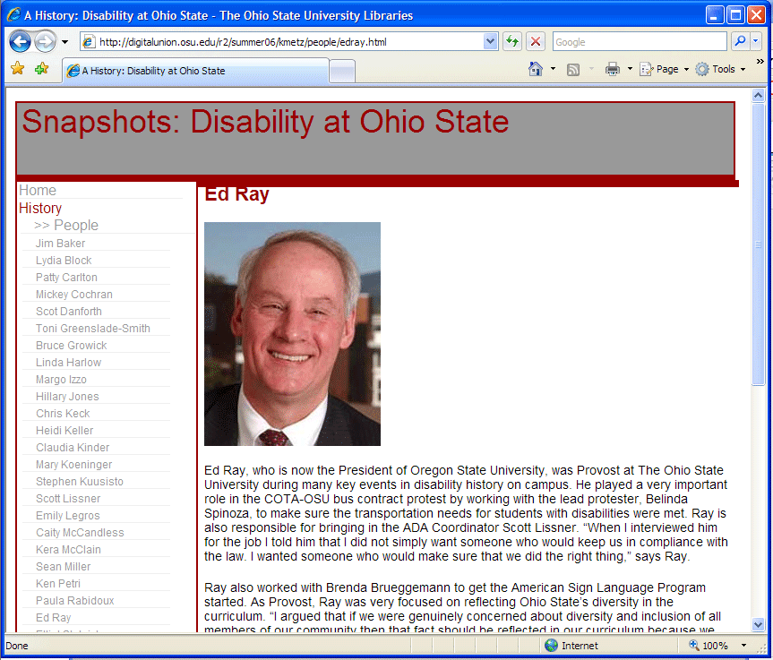 screenshot of webpage for Ed Ray in the website 'a history: disability at ohio state' located at http://digitalunion.osu.edu/r2/summer06/kmetz/people/edray.html