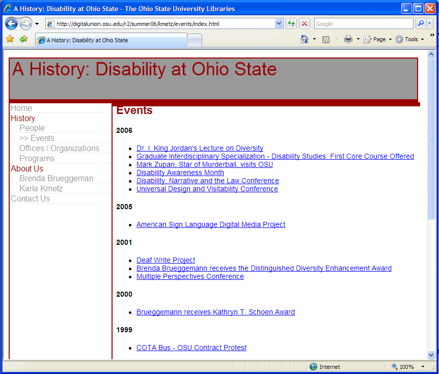 screenshot of webpage showing a timeline of events in the website titled 'a history: disability at ohio state' located at http://digitalunion.osu.edu/r2/summer06/kmetz/events/index.html