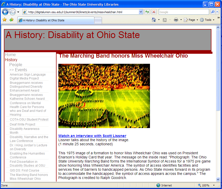 screenshot of webpage describing the event 'the marching band honors miss wheelchair ohio' within the website titled 'a history: disability at ohio state' located at http://digitalunion.osu.edu/r2/summer06/kmetz/events/misswheelchair.html