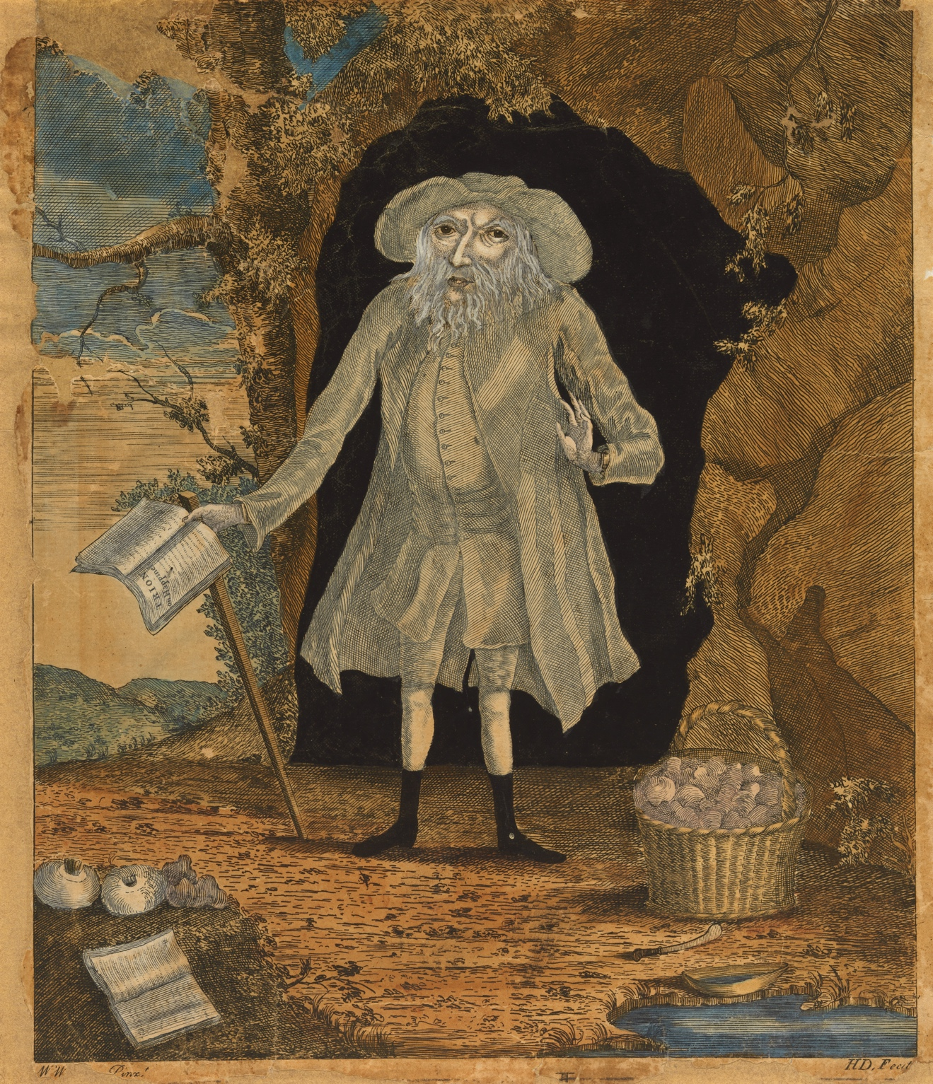 Image of an etching showing an older man with a white beard standing in front of the mouth of a cave with a cane and a book in his reight hand