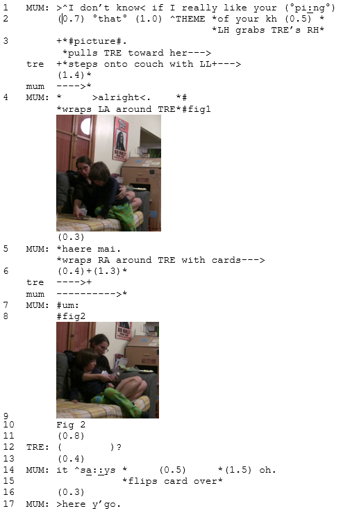 Written analysis of a strightforward cuddle with video stills of a woman and a young child.