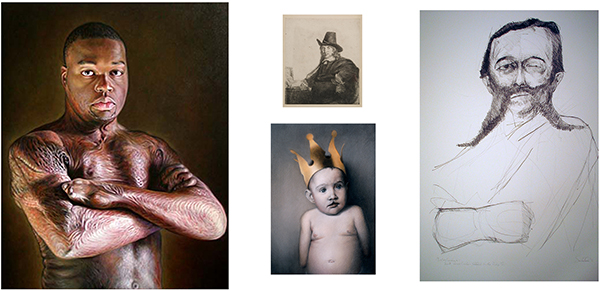Reconstructed installation view from STARING, Van Every Gallery, Davidson College, 2009. Left to right: Doug Auld, Jelani, 2005, oil on linen, 40 x 50 in. (101.6 x 127 cm), collection of the artist; Rembrandt Harmenszoon van Rijn, Jan Asselyn, Painter, ca. 1647, etching, 14 x 15 in. (35.56 x 38.1 cm), Davidson College Art Collection; Chris Rush, Paper Crown, 2001, conté crayon on paper, 19 x 14 in. (48.26 x 35.56 cm), collection of Steve Johnstone and Adam Geary; John Sandlin, Lt. W.W. Cooke, 1973, lithograph, 30 x 40 in. (76.2 x 101.6 cm) unframed, Davidson College Art Collection.