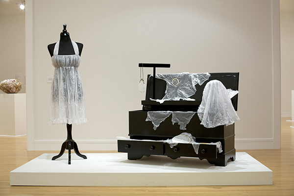 Laura Splan, Trousseau Series, 2009, machine embroidery with thread on cosmetic facial peel, bamboo, mixed media, dimensions variable. Collection of the artist