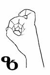 This dactyl has a closed form copying the same letter z from the Georgian alphabet. The palm is facing left. The middle finger, the ring finger and the little fingers are curved together and the thumb touches the middle finger producing a closed circle; the index finger is curved touching the middle part of the middle finger, producing another smaller closed circle.