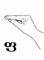 This is a closed dactyl. The palm is facing left and down. The four fingers are bent and the thumb is touching the index finger, partly copying the same letter p from the Georgian alphabet. This dactyl is also transferred from the old Georgian dactyl alphabet.