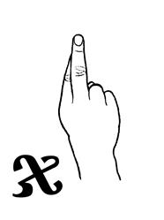 This is a closed dactyl j. The palm is facing forward. The index fingers and the middle fingers are crossing each other while the other fingers are bent in a fist.