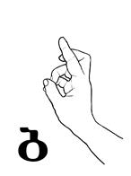 The palm faces left, the middle and the index fingers are exposing the upper part of the grapheme b, while the other fingers are closed in a fist producing a dactyl of a closed sound.