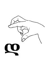 This dactyl has a closed form partly copying the same letter d from the Georgian alphabet. The palm is facing down, the index finger and the thumb are extended, the middle finger with its top is touching the top (nail) of the index finger, the ring finger and the little fingers are curved.