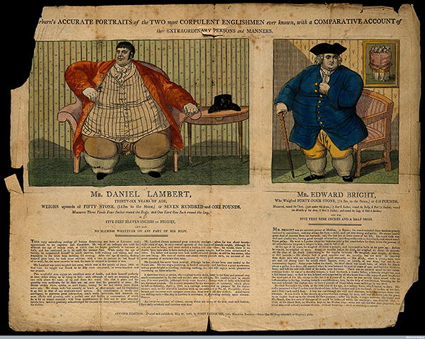 Colorized etching of Daniel Lambert and Edward Bright. More description below.