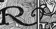 Illustration showing a capitalized R overlaying a lined background and intertwining with other elements of the illustration in which it appears
