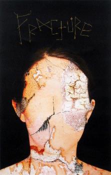 Embroidered digital print Fracture depicts a torn and distressed torso without facial features.