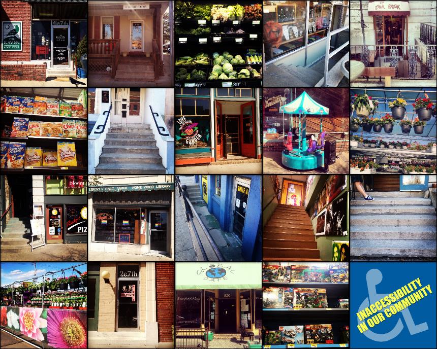 Photo grid showing inaccessible public entrances in the community.