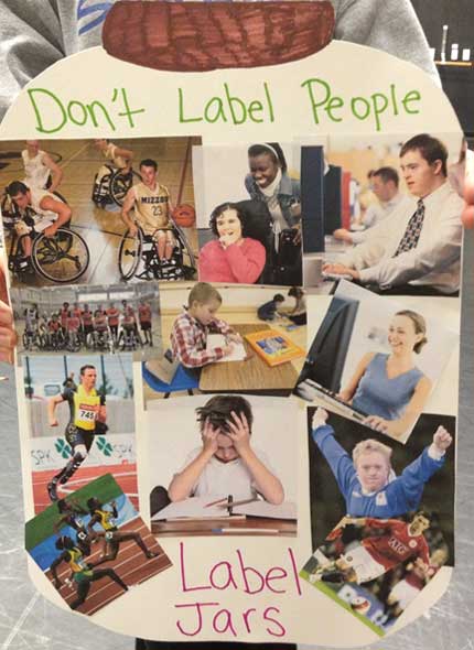 Jar-shaped collage exclaiming 'dont label people label jars.