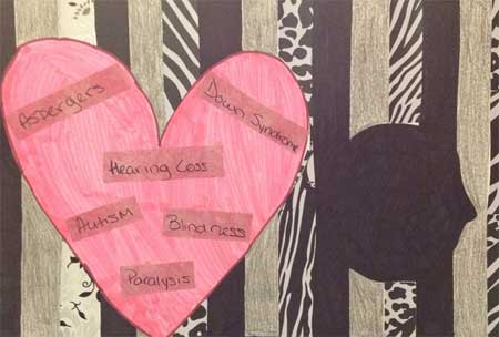 Artwork: AB head turns away from heart inscribed with diagnostic labels. 