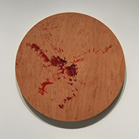 Figure 11 shows one of the large wood boards in detail. This one shows red smears of paint across the surface, and the detail indicates that the paint was applied by repeated dabs from a small paintbrush, starting from the center of the board and moving out in multi-directional lines.
