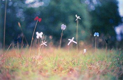 A pair of images: the left one features two clusters of strings, one labeled possible pasts, the other possible futures; these are bound together by a single thread labeled this moment.  The right image shows a field containing small differently-shaped flowers, some looking like bows, others like pinwheels.