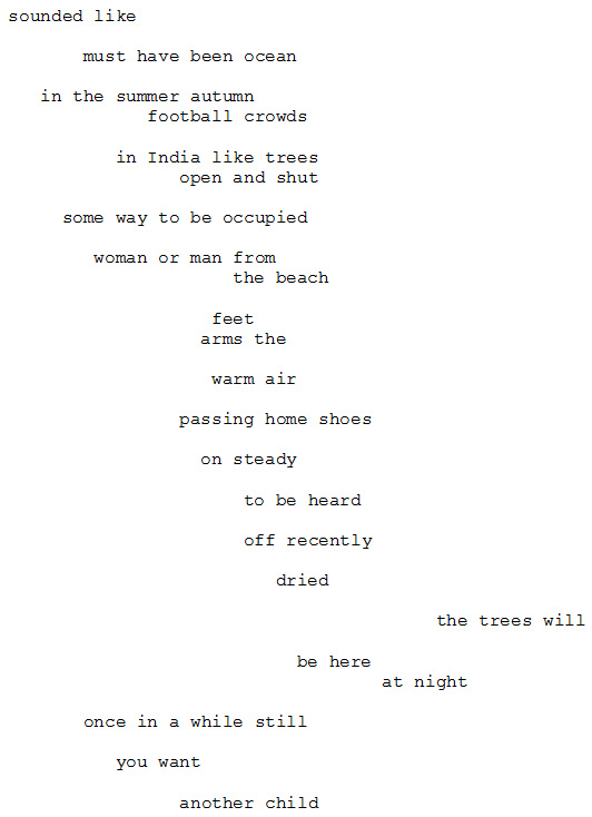 poem that reads - sounded like, must have been ocean, in the summer autumn, football crowds, in India like trees, open and shut, some way to be occupied, woman or man from, the beath, feet, arms the, warm air, passing home shoes, on steady, to be heard, off recently,dried, the trees will, be here, at night, once in a while still, you want, another child