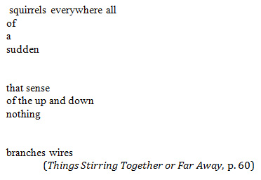 poem that reads, squirrels everywhere all, of, a, sudden, that sense, of the up and down, nothing, branches wires - Things Stirring Together or Far Away, page 60