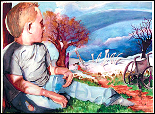  A man in blue jeans sits near a tree, looking down a road to where some bones and a knife are scattered in a white field. An empty wheelchair stands nearby.