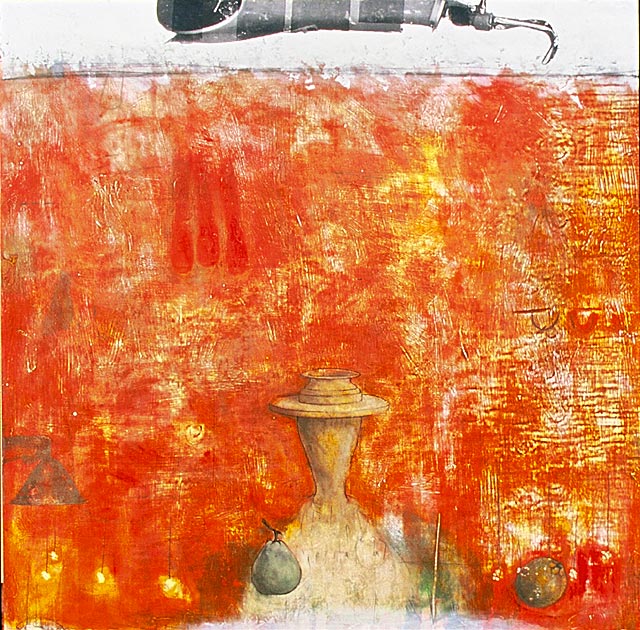  At the top of the panel is an illustration of a prosthetic arm. Underneath it, a vase or urn is centered in a red background, with a pear, an orange, and other more abstract objects floating in the foreground.