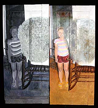  Two door panels are presented side by side. On the left panel is a black and white illustration of a girl in shorts standing next to a rocking chair. Part of the picture is blurred out. The right panel shows the same scene in color.