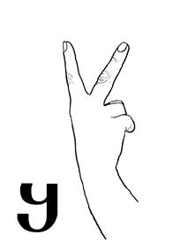 This closed dactyl is copying the same letter q' from the Georgian alphabet. The palm is facing the body. The index finger and the middle fingers are extended while the others are bent in a fist.