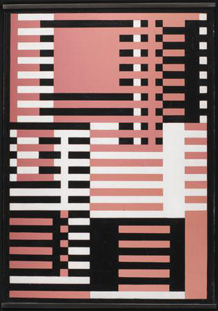 Goldrosa-Upward by Josef Albers, 1926. Black rectangle with white and pink various horizontal stripes.