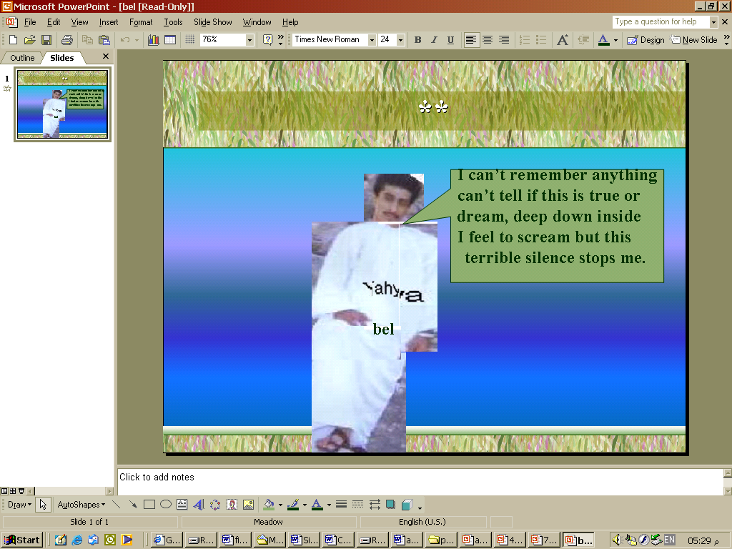 screenshot of powerpoint design view of slide with graphic of mustached man with word box saying I can't remember anything can't tell if this is true or dream, deep down inside I feel to scream but this terrible silence stops me