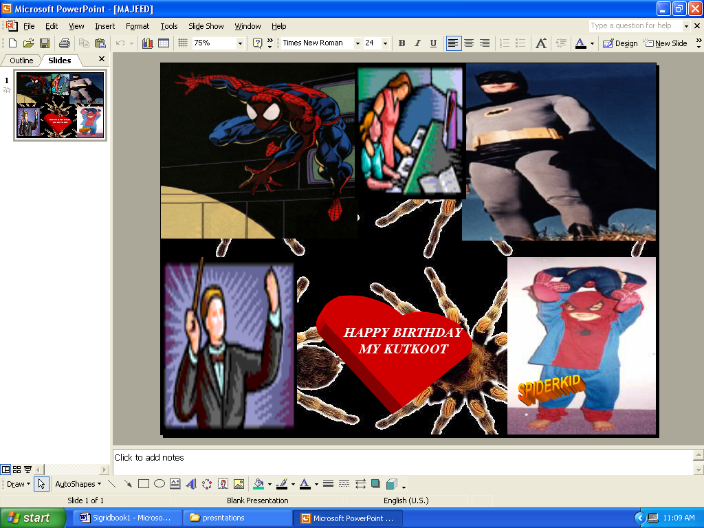 screenshot of powerpoint design view of slide with six images over a background of tarantulas, from top left spiderman, stained glass style image of two women playing piano, adam west as batman, a child in a spiderman costume labeled superkid, a cartoon hart labeled happy birthday my kutkoot, and a stained glass style image of a musical conductor