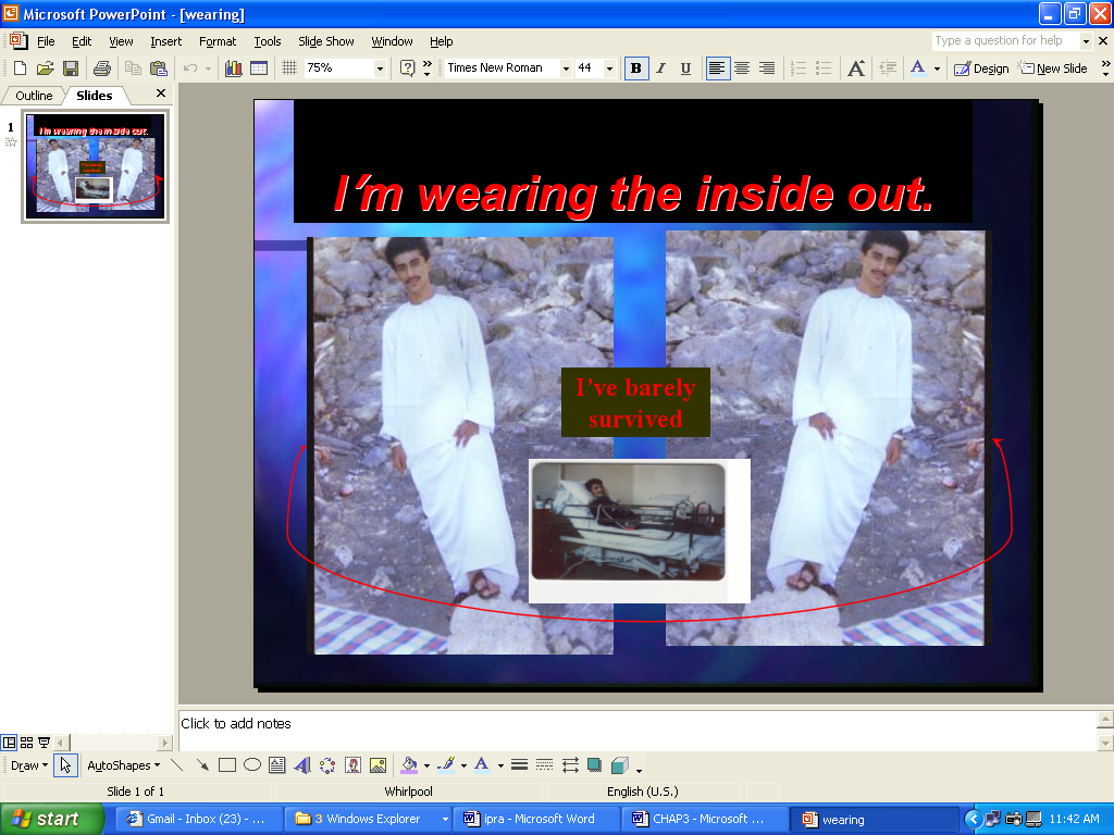 the same powerpoint slide as in image six but with english captions, reading 'I'm wearing the inside out.' and 'I've barely survived'