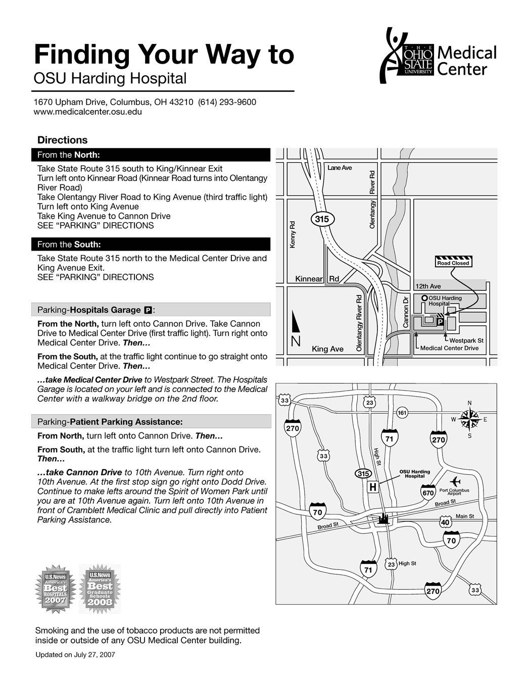 Finding your way to Harding Hospital [digital map] by The Ohio State University Medical Center, July 27, 2007. Copyright 2007 by the Ohio State University Medical Center.