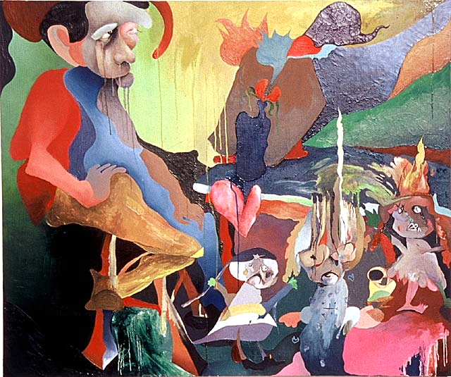 A character in a joker's costume dominates the left side of the canvas, with three smaller human-like figures to the right. The entire canvas is full of bright colors, blurred images, and dripping paint. 