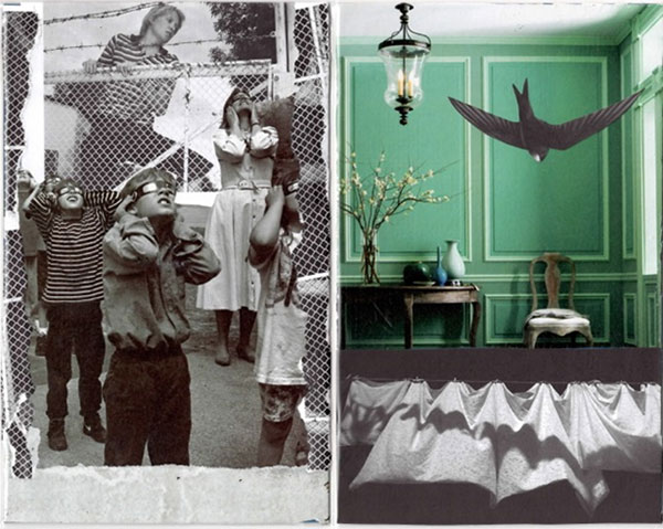 two pictures: Photo on left is black and white. Three boys and one woman are holding plastic glasses over their eyes while another woman looks at them over a chain link and barbed wire fence. Photo on the right is of a green-walled room with a chandelier, a vase of small white flower and three vases on a wooden table and a chair. Below the room is a black background with white sheets hanging on a clothes line.