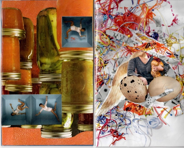 picture of jars of canned goods and three blue boxes with a woman in them and picture of white background with various colored string sewn on it with needles, two brown eggs, a white winganda person's arms and torso holding a chicken