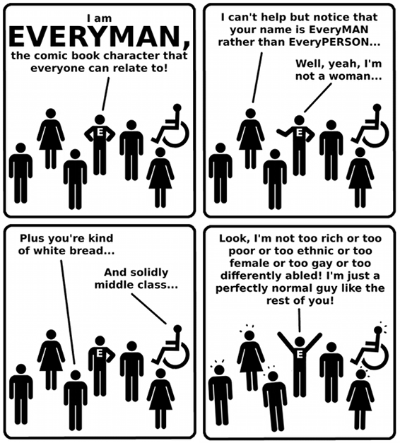 Cartoon: 1st block, two female figures, three male figures, one male figure with a letter E on  his chest, and one wheelchair figure--male figure says I am EVERYMAN, the comic book character that everyone can relate to!; 2nd block, female figure says, I can't help but notice that your name is EveryMAN rather than EveryPERSON. Male figure says, Well, yeah, I'm not a woman; 3rd block, a different male says, Plus you're kind of white bread; wheelchair figure says, And solidly middle class; 4th block, Male figure with E on chest says, Look, I'm not too rich or too poor or too ethnic or too female or too gay or too differently abled! I'm just a perfectly normal guy like the rest of you!