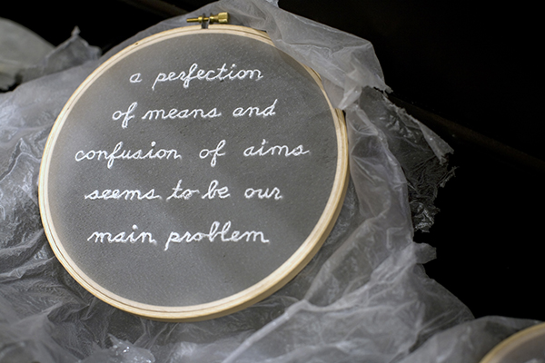 Laura Splan, Trousseau Series, detail of embroidery hoop, Subcutaneous, 2009, hand embroidery with thread on cosmetic facial peel, wood embroidery hoop, diameters range from 6 inches - 7 inches. Collection of the artist