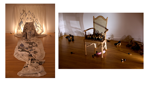 Harriet Sanderson, Molt, with Scurs, 2008, found mattress pads, chairs, shoes, ink, altered wood walking canes, and light. Collection of the artist