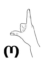 It is an open dactyl with an extended thumb and an extended index finger. The other fingers are bent in a fist. The dactyl copies the hand-writing o from the Georgian alphabet. The palm is facing left.