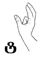 This is a closed dactyl. The palm is facing left. The thumb is curved; the index finger and the middle fingers are crossing each other while the others are touching the palm. This dactyl is copying the letter t' from the Georgian alphabet.