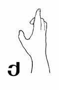 This is an open dactyl. The palm is facing left. The thumb is curved, the index finger is extended and the other fingers are curved repeating the graphical form of the same letter k from the modern Georgian alphabet Mkhedruli.