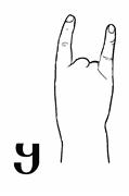 This is an alternative version of q' a closed dactyl copying the same corresponding letter from the Georgian alphabets Mkhedruli and Asomtavruli. The palm is facing forward. The index finger and the little fingers are extended while the others are bent in a fist.
