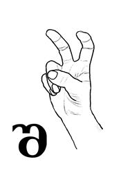 This closed dactyl is copying the same letter š from the Georgian alphabet. The palm is facing left and /or forward. The index finger and the little fingers are curved, while the other fingers are bent in a fist.