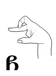 This dactyl is copying the same letter č from the Georgian alphabet. The palm is facing left. The middle finger and the thumb are extended; the index finger is touching the middle part of the middle finger producing a little circle, while the other fingers are bent in a fist.