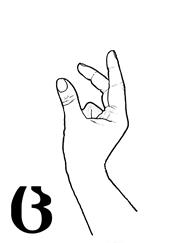 This is a closed dactyl. The palm is facing left. The thumb is curved, the index finger is extended and the middle finger is bent forward. The ring finger and the little finger are touching the palm.