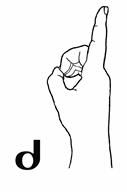 This is a closed dactyl with the palm facing left copying the letter Ʒ from the Georgian alphabet. The index finger is extended and the other fingers are bent producing a circle by touching the thumb.