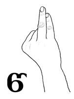 This closed dactyl with the palm facing left partly copies the letter c' from the Georgian alphabet. The ring finger and the little fingers are extended while the other fingers are bent in a fist.
