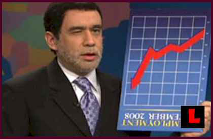Armisen has short, dark hair and a grey beard, is in a dark business suit with purple tie and has one of his eyes partially closed to simulate Paterson's blindness. With one hand, he is holding a chart about Unemployment in September 2008 upside down.