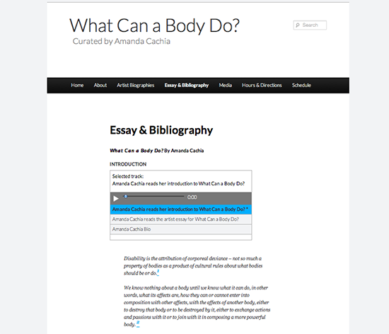 Screen shot from the What Can a Body Do? website featuring audio transcriptions of all text and image-based content in the exhibition